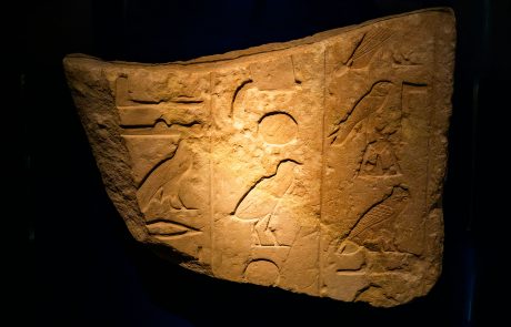 DAS RELIEFFRAGMENT MIT HIEROGLYPHEN stammt von einer Scheintür aus einem Grab. Es zeigt mehrere nach rechts gewandte Vögel. Die Blickrichtung der Tiere gibt die Leserichtung von rechts nach links an, die vertikalen Linien die Schreibung in Spalten mit der Leserichtung von oben nach unten.